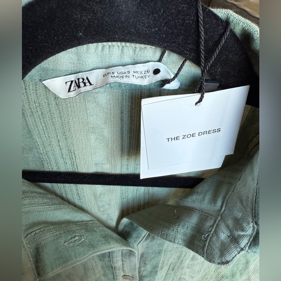 ZARA “The Zoe Dress” Sage Green Textured Button Front Shirt Dress – Size S - Picture 4 of 9